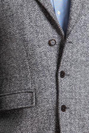 close up of herringbone weave of the wool overcoat